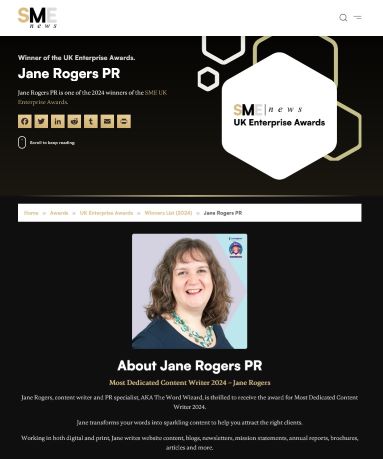 Jane Rogers PR - UK SME news winner - Most Dedicated Content Writer